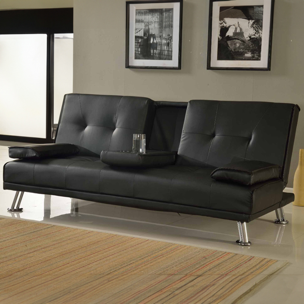 Home Detail Indiana 2 Seater Black Faux Leather Sofa Bed with Cup Holder Image 1