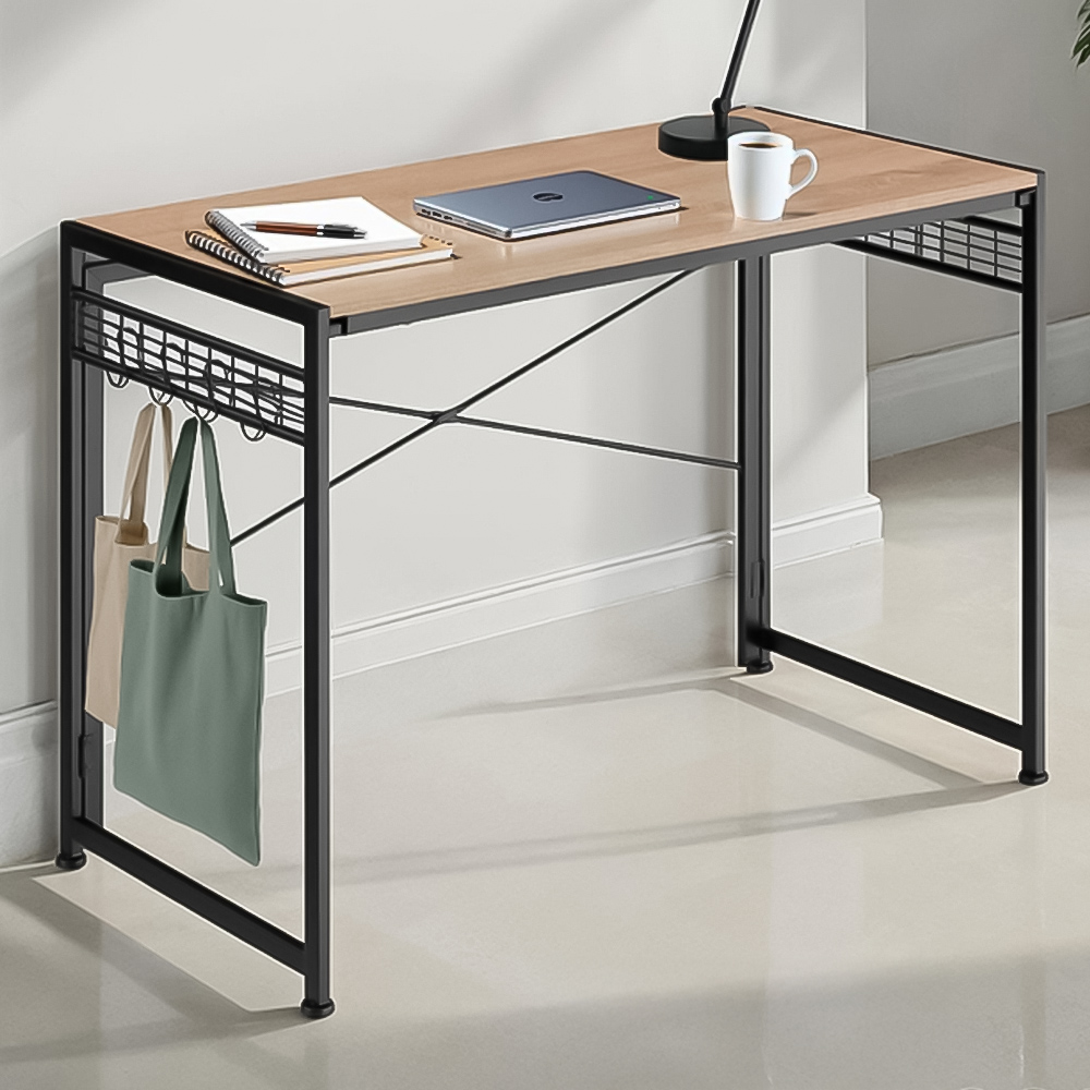 tectake Paterson Light Wood Oak Foldable Desk with 8 Storage Hooks Image 1
