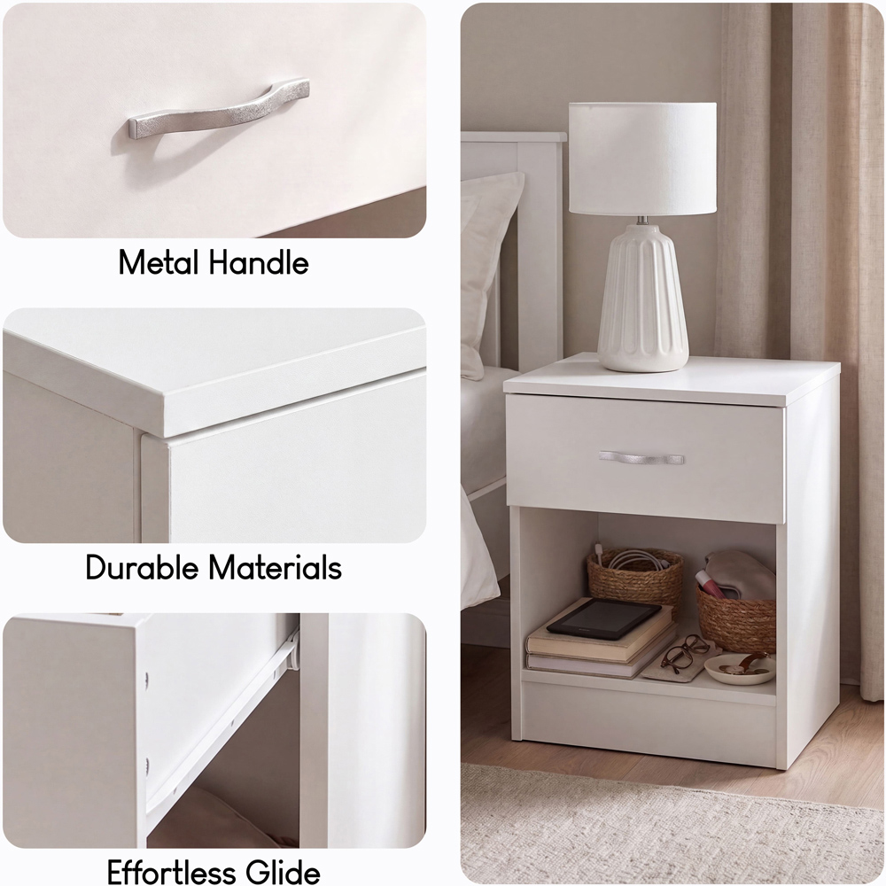 Vida Designs Riano Single Drawer Single Shelf White Melamine Finish Bedside Table Set of 2 Image 6