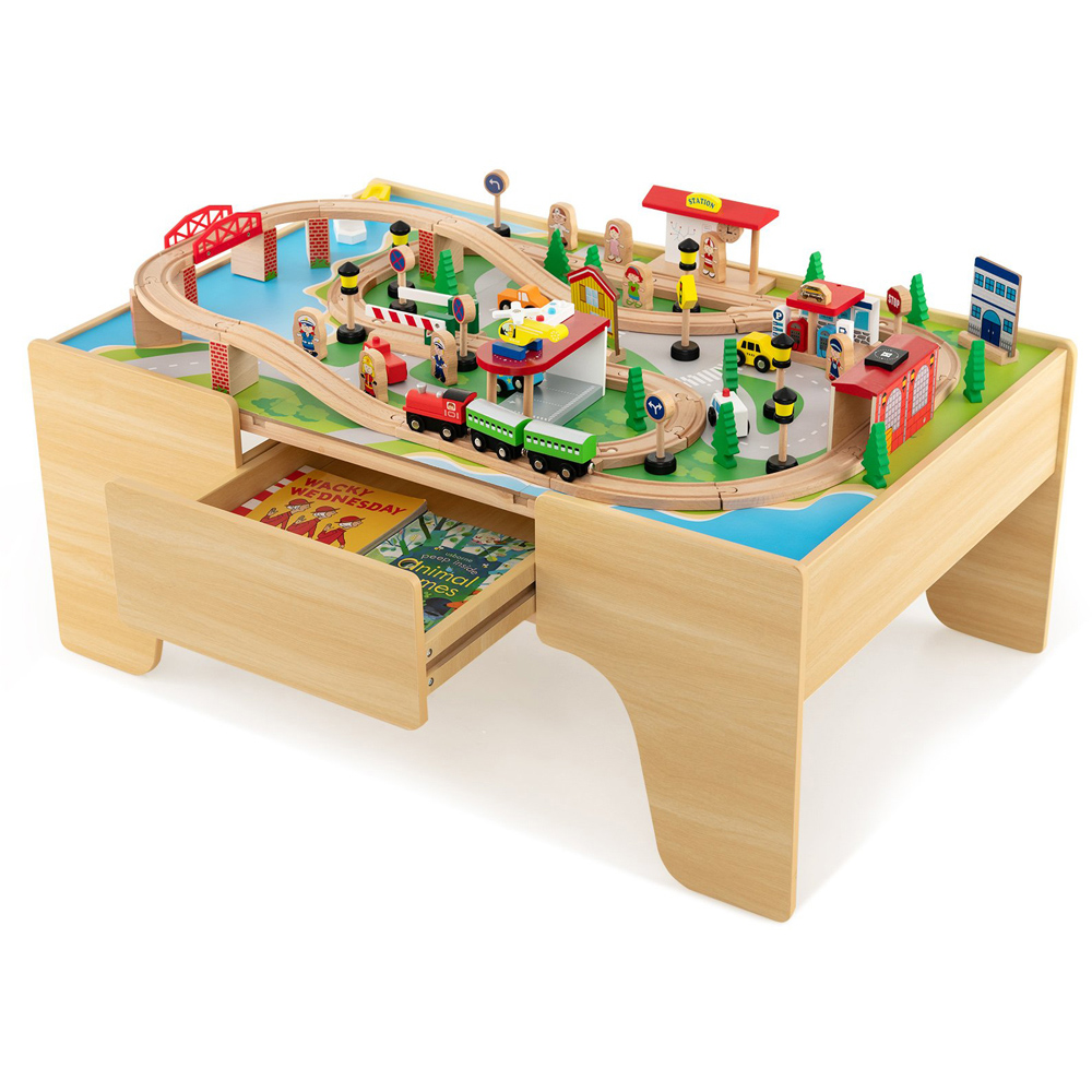 Costway Wooden Train Set with Reversible and Detachable Tabletop 84 Piece Image 1