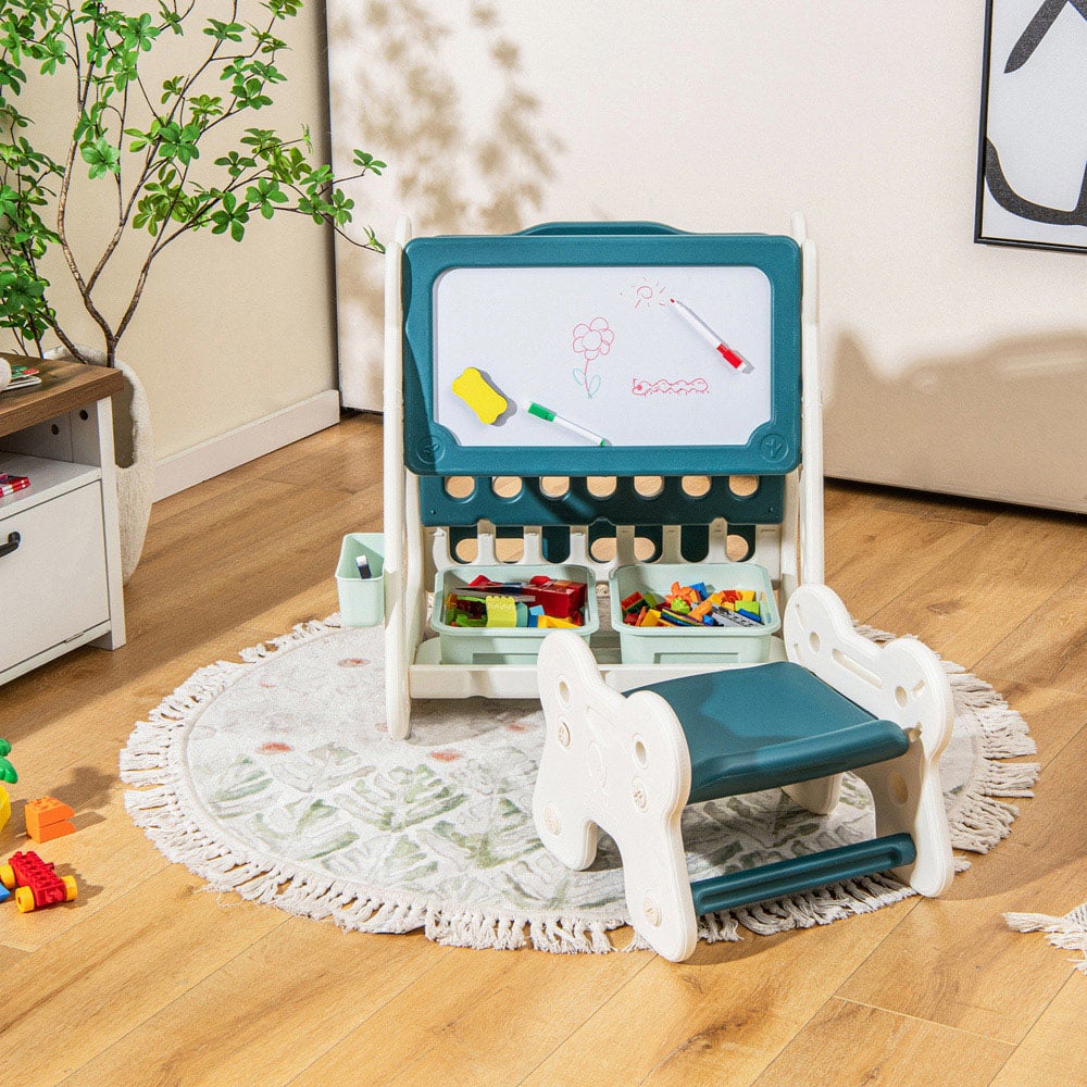 Costway Green 3 in 1 Kids Art Easel and Stool with Multi-Layer Book Rack Image 2