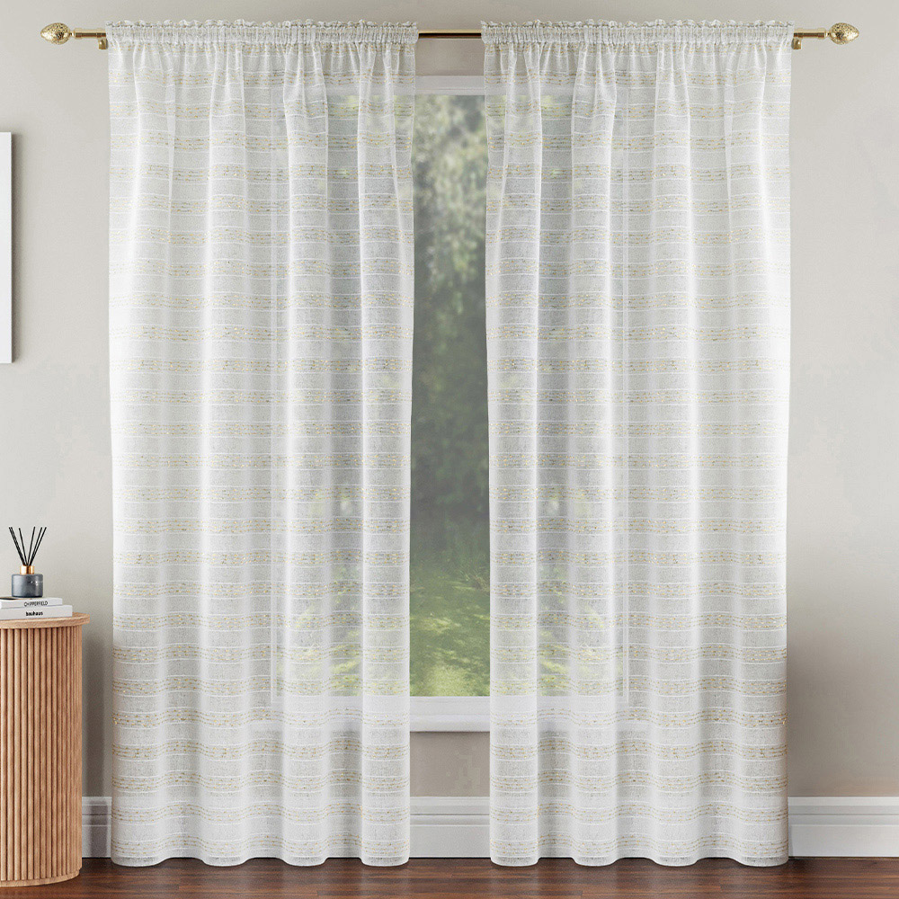 Tyrone Textiles Lima Gold Metallic Lurex Stripe Rod Pocket Voile Panel Curtains 140 x 229cm Image 2