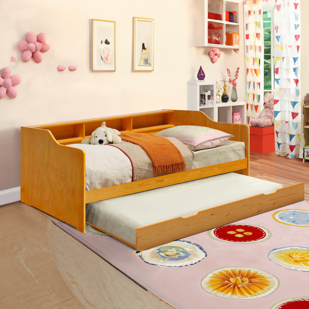 Comfy Living Single Caramel Wooden Bed with Trundle and Shelves Image 2