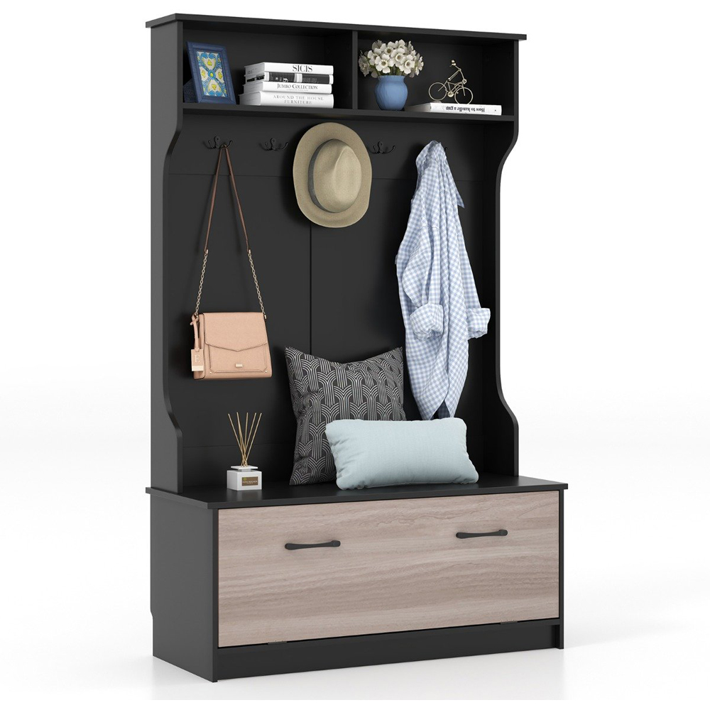 Costway 2 Shelf 5 Double Hook Black Freestanding Coat Rack | Wilko