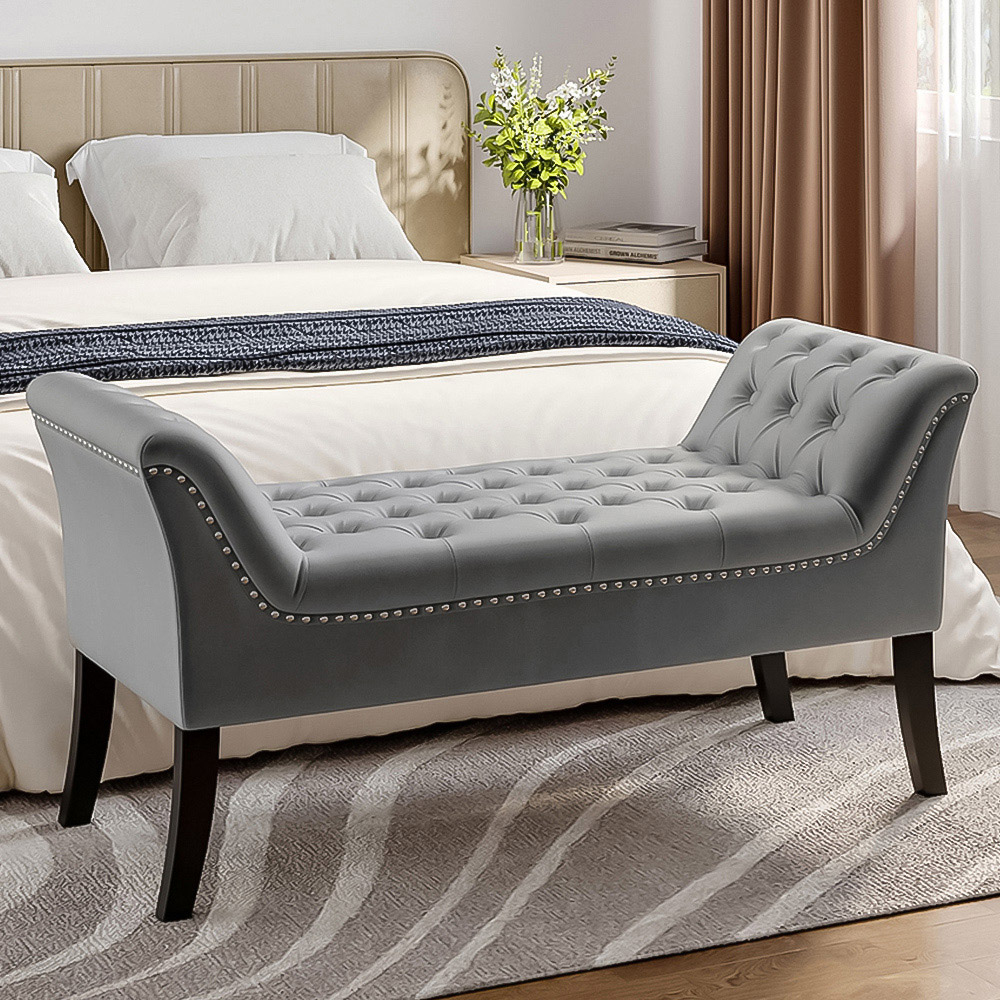 Living and Home Grey Modern Soft Velvet Buttoned Armed Bench Image 1