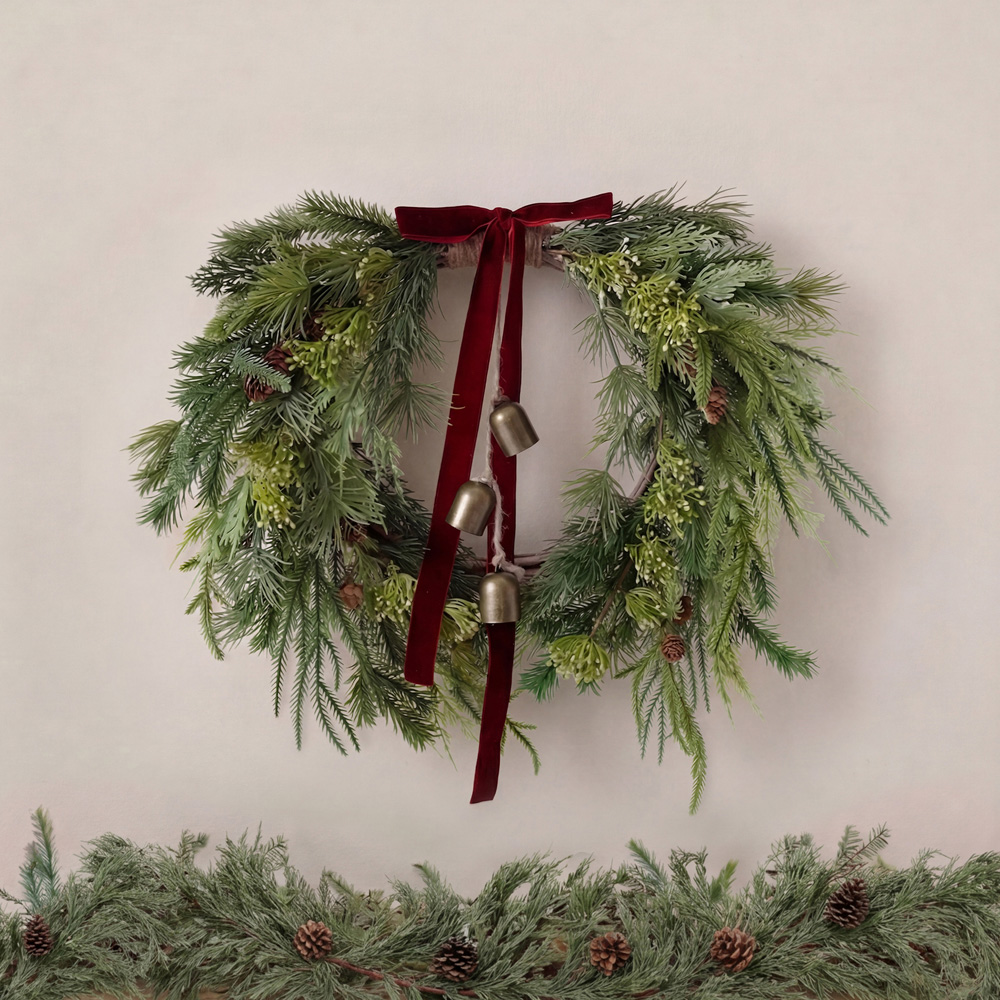 Charles Bentley Green Christmas Wreath with Red Bow and Bells 55cm Image 8