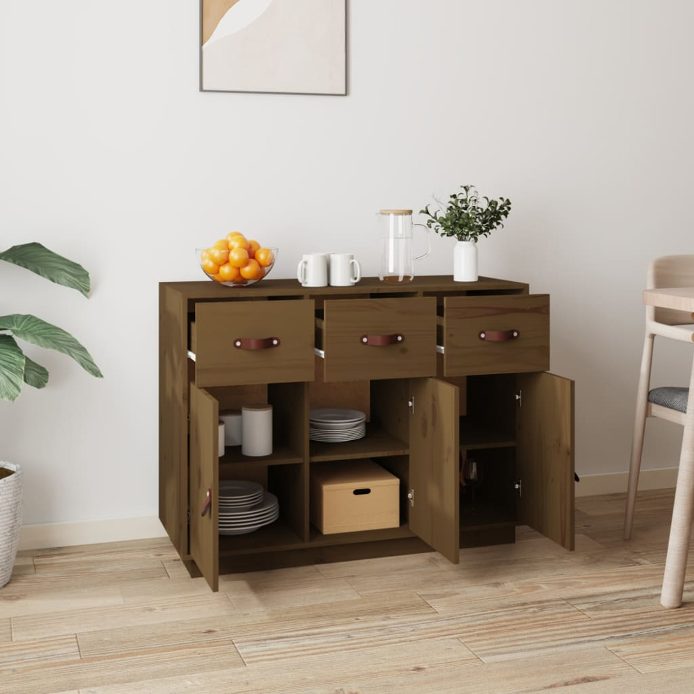 vidaXL 3 Door 3 Drawer Honey Brown Solid Pine Wood Sideboard Image 3