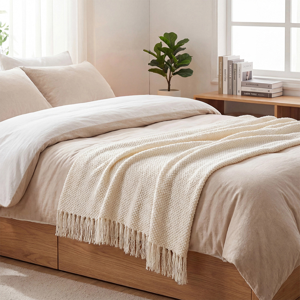 Living and Home Beige Popcorn Knit Throw Blanket with Tassels 130 x 170cm Image 7