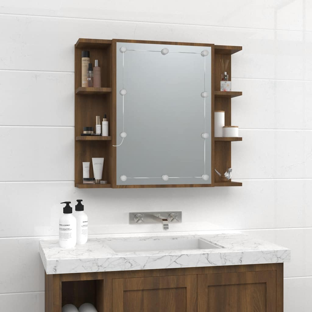 vidaXL Single Door 6 Open Shelf Brown Oak LED Mirror Bathroom Cabinet Image 8