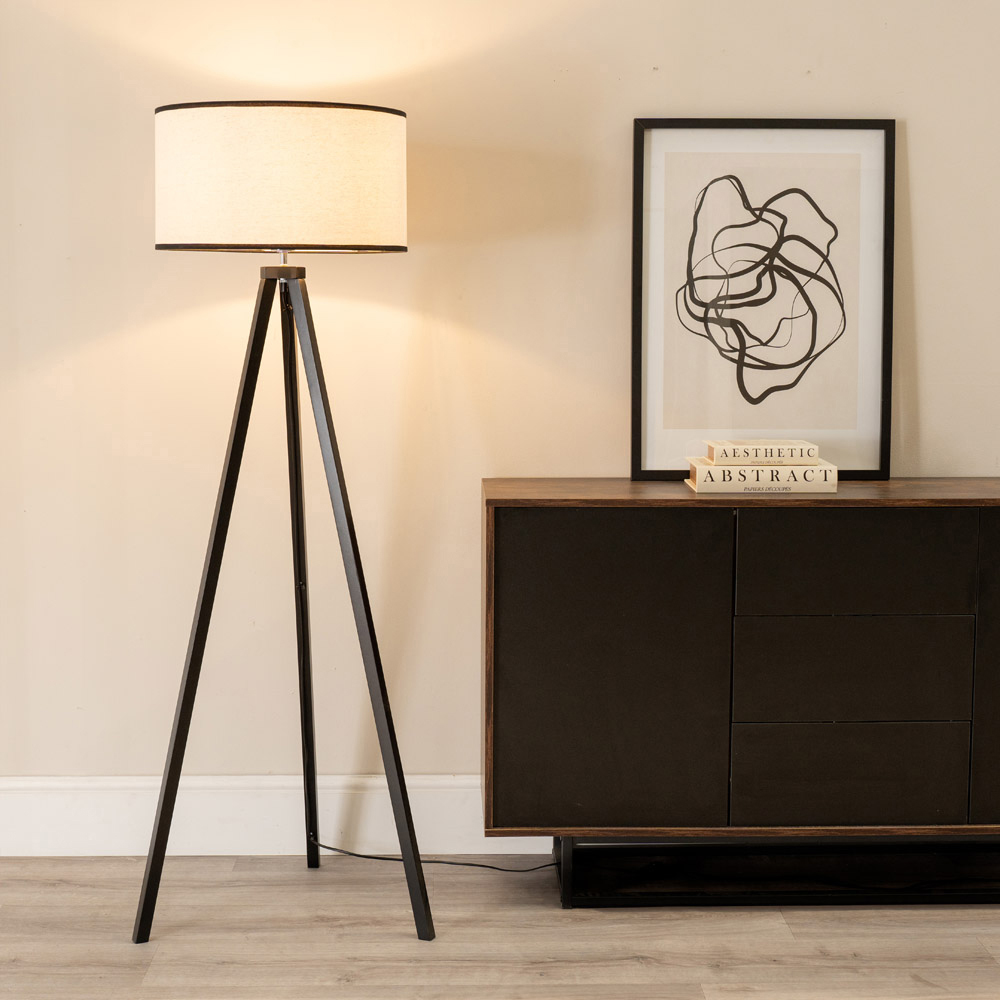 ValueLights Barbro Natural Linen Black Edge Drum Shade Black Wood Tripod LED Floor Lamp Image 2