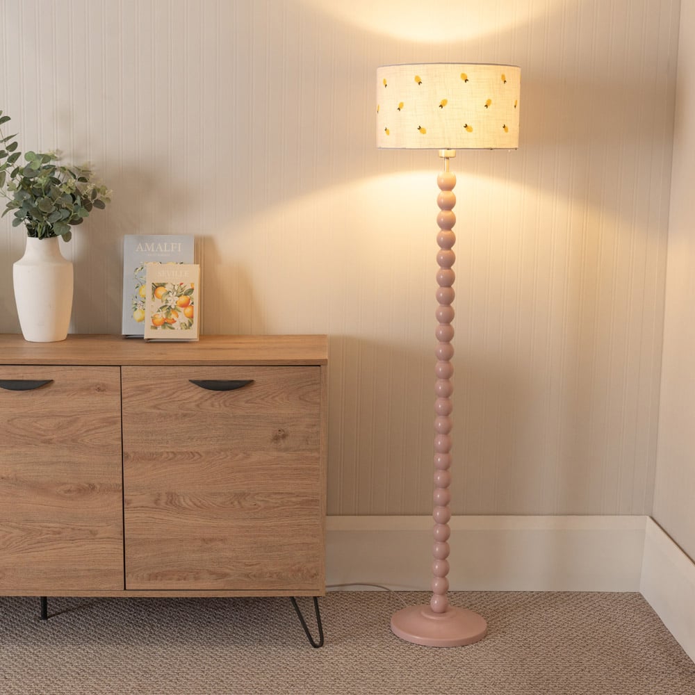 ValueLights Bobbins Lemon Embroidered Drum Shade Painted Rose LED Floor Lamp Image 2