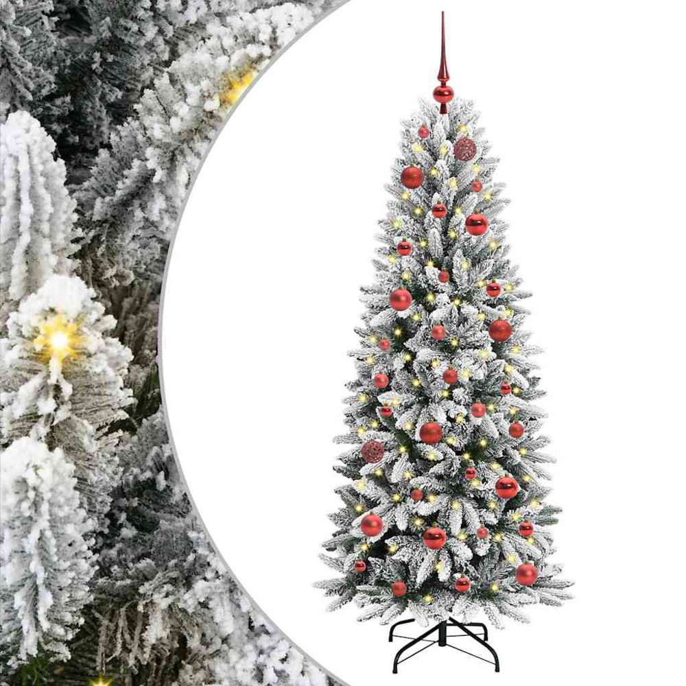 vidaXL Pre-Lit Red Baubles Artificial Snow Flocked Christmas Tree 5ft Image 2