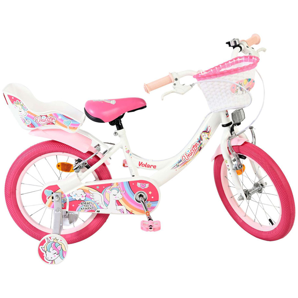 Volare Unicorn Kids 16 inch White and Pink Bike with Stabilisers Doll Seat and Basket Image 4