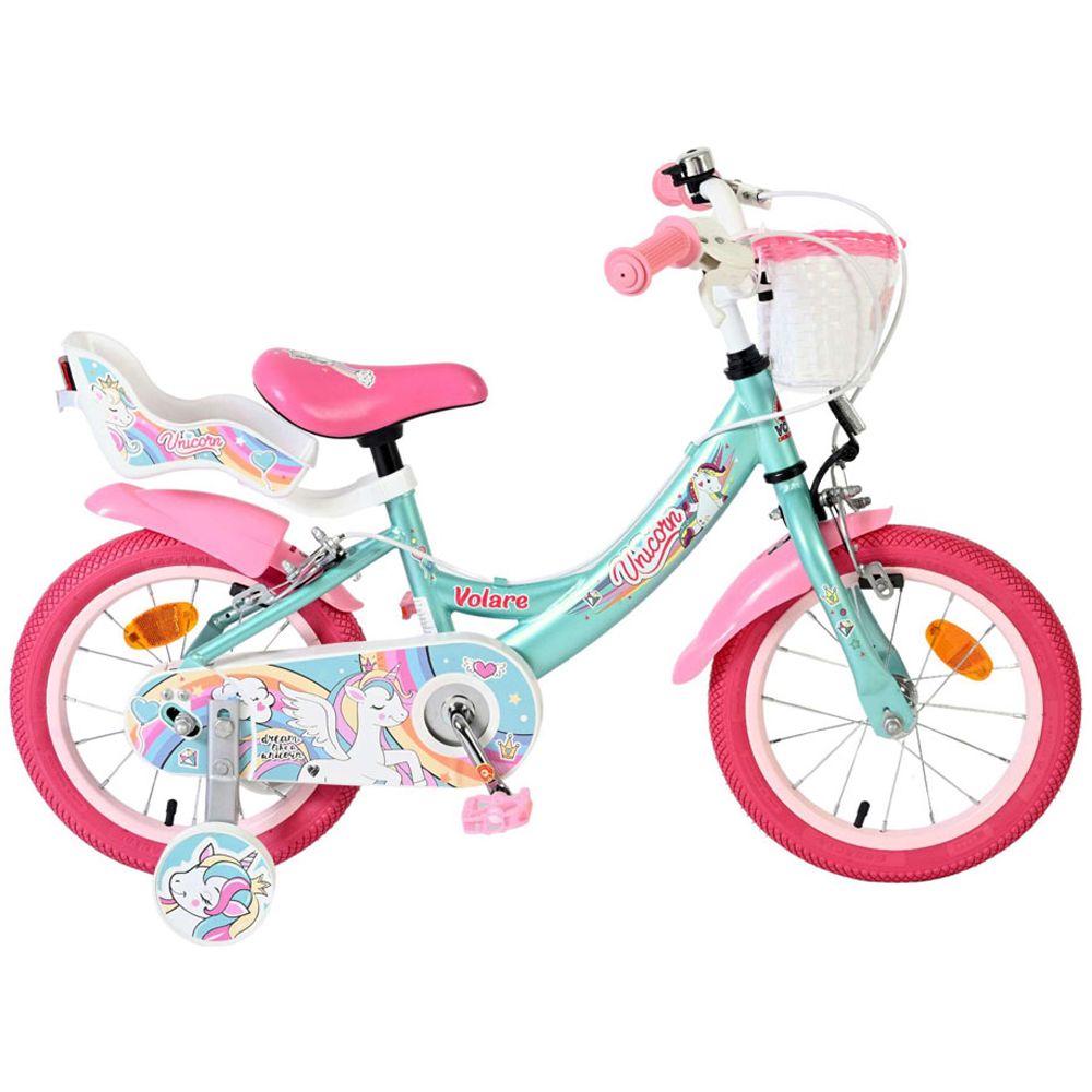 Volare Unicorn Kids 14 inch Green and Pink Bike with Stabilisers Doll Seat and Basket Image 5