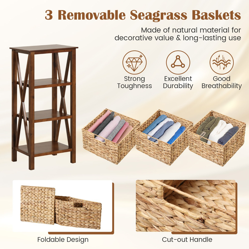 Costway 3 Shelf Rustic Brown Side Table with Seagrass Baskets Image 8