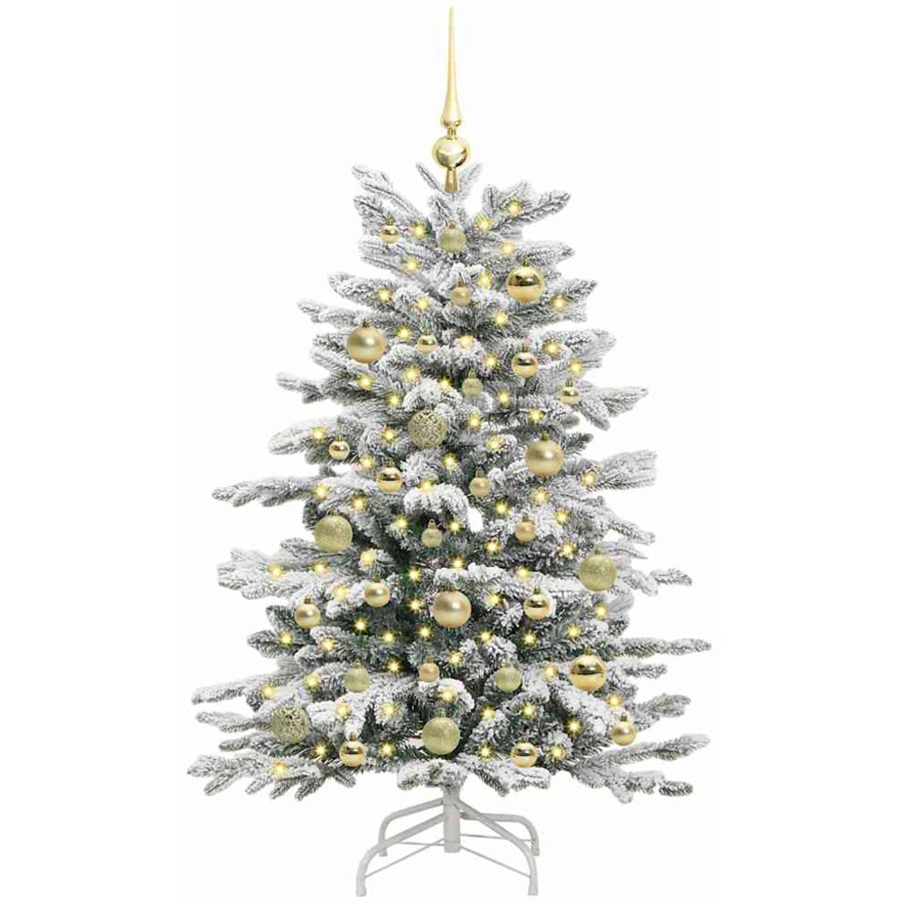 vidaXL Pre-Lit Gold Baubles White Artificial Snow Flocked Christmas Tree 4ft Image 1