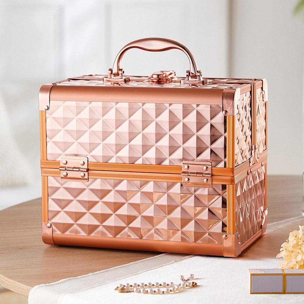 Living and Home Rose Gold 2 Tray Professional Makeup Box with Mirror Image 7