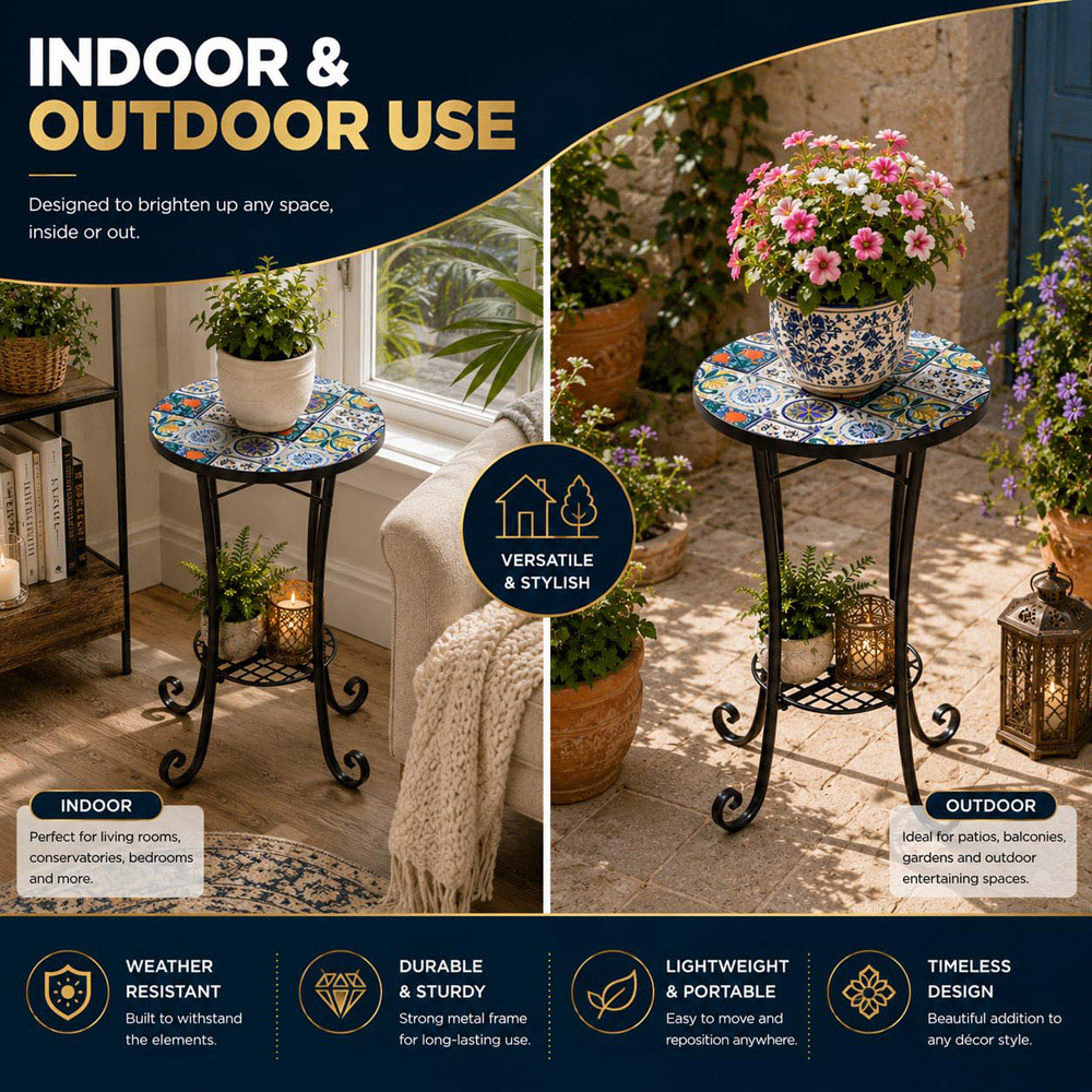 Shatchi Lisbon 2-in-1 Single Shelf Mosaic Ceramic Tile Top Plant Stand Side Table Image 6