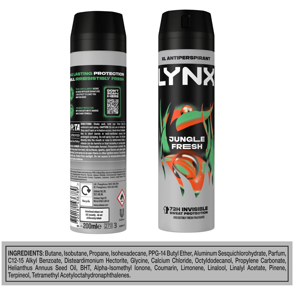 Lynx XL Jungle Fresh 72H Sweat Protection Anti-Perspirant Deodorant Body Spray 200ml 3 Pack Image 9