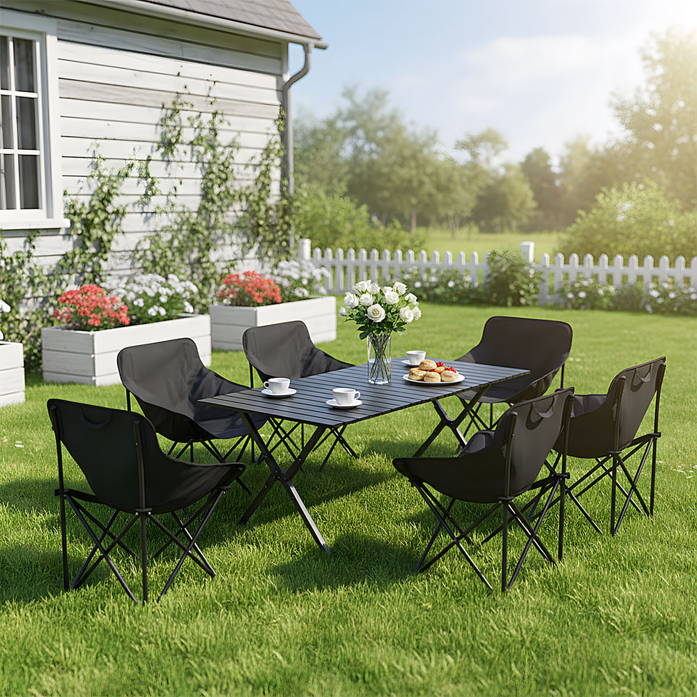Living and Home 6 Seater 120cm Black Foldable Camping Table and Chair Set Image 2