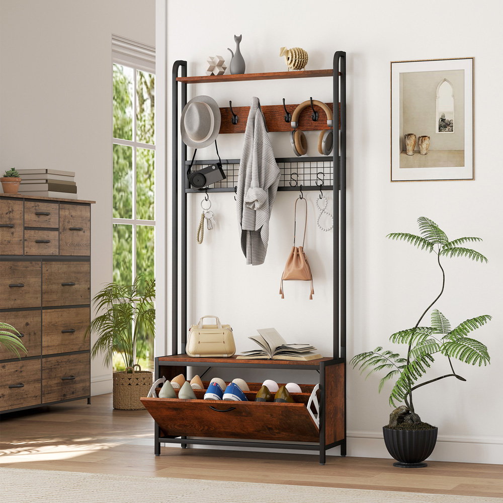HOMCOM Single Flip Out Drawer 2 Shelf Rustic Brown Industrial Hall Tree Coat Stand Image 3