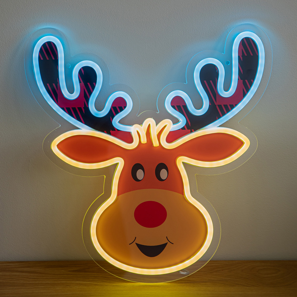 Samuel Alexander Warm White and Blue LED Rudy Reindeer Neon Sign Christmas Decoration 35cm Image 1