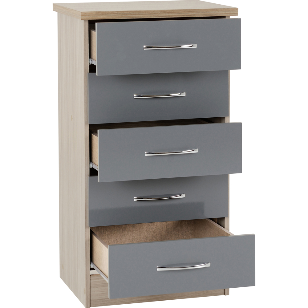 Seconique Nevada 5 Drawer Grey Gloss and Light Oak Veneer Narrow Chest of Drawers Image 4