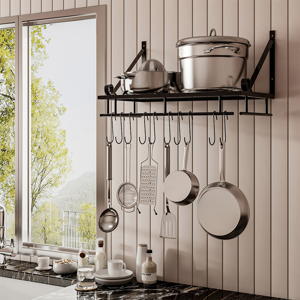 Living And Home WH0663 Black Metal Wall Hanging Kitchen Pot Rack Image 2