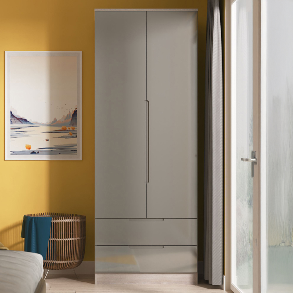 Crowndale Milan 2 Door 2 Drawer Grey Gloss and Grey Oak Tall Wardrobe Ready Assembled Image 1