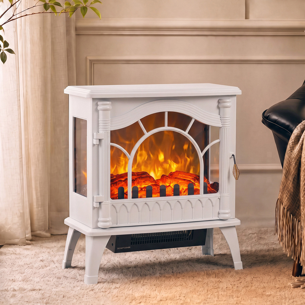 HOMCOM 3-Sided White Glass Electric Fire Fan Heater with Flame Effect Image 2