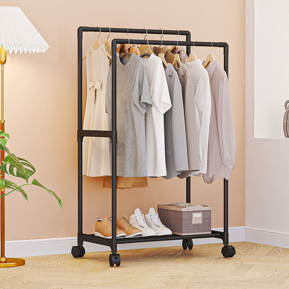 Living and Home Double Rod Metal Clothes Rack with Wheels Image 6