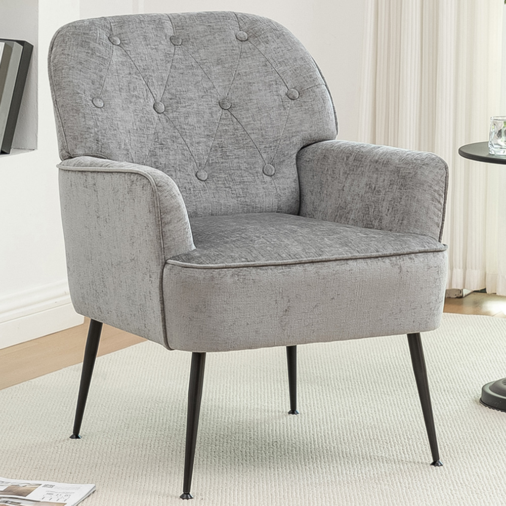 Living and Home Grey Chenille Upholstered Leisure Chair with Armrests Image 1