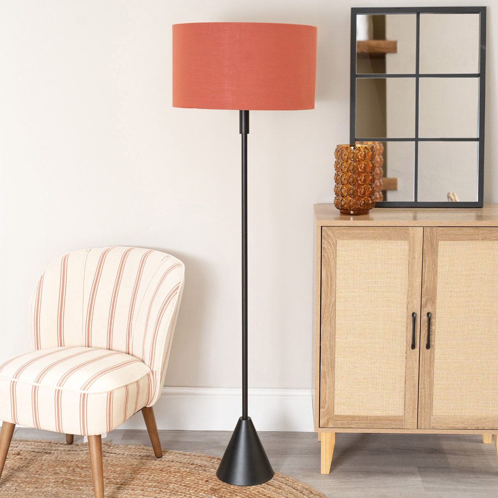 ValueLights Mitch Rust Drum Lamp Shade Black Wood Stem Triangle LED Floor Lamp Image 3