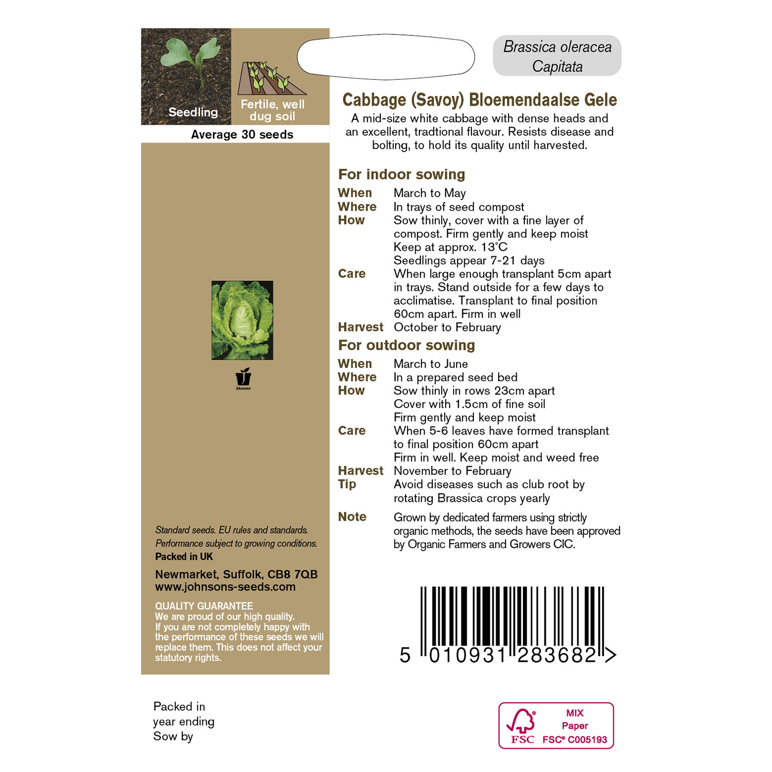 Johnsons Organic Savoy Bloemendaalse Gele Cabbage Seeds Image 3