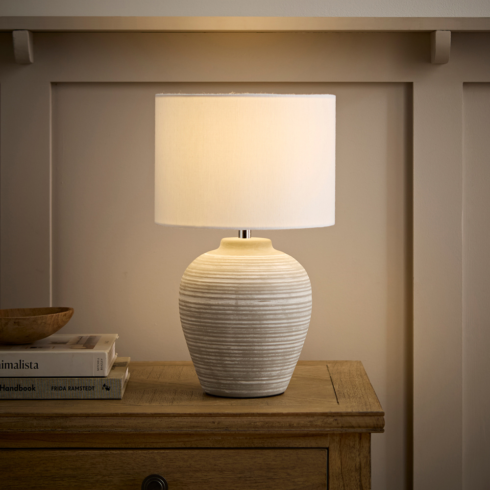 ValueLights Reid Linen Drum Lamp Shade Stone Grey Ribbed Ceramic Small LED Table Lamp Image 7