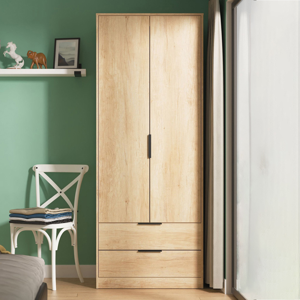 Crowndale Hong Kong 2 Door 2 Drawer Nebraska Oak Tall Wardrobe Ready Assembled Image 1