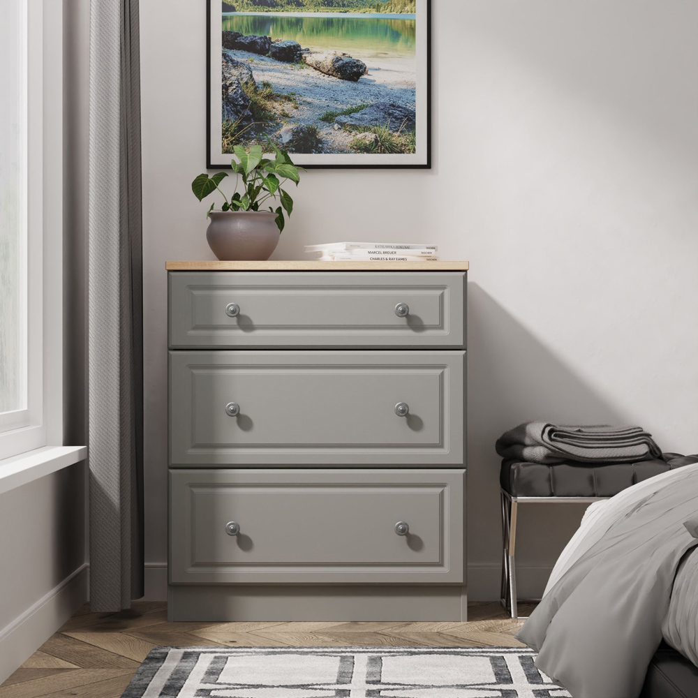 Crowndale Norfolk 3 Drawer Dusk Grey and Bardolino Oak Deep Chest of Drawers Ready Assembled Image 7