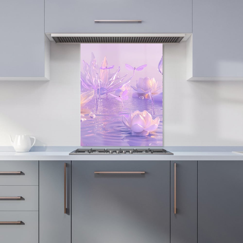 Warren Reed Designer Mystical Waterlilies In Purple Twilight Glass Kitchen Splashback 75 x 60cm Image 1