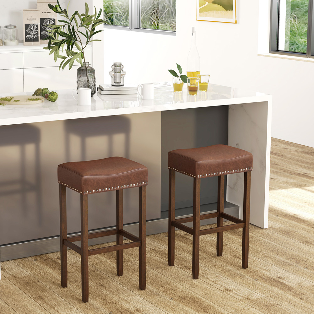 Costway Brown PU Leather Upholstered Bar Stool Set of 2 Image 3