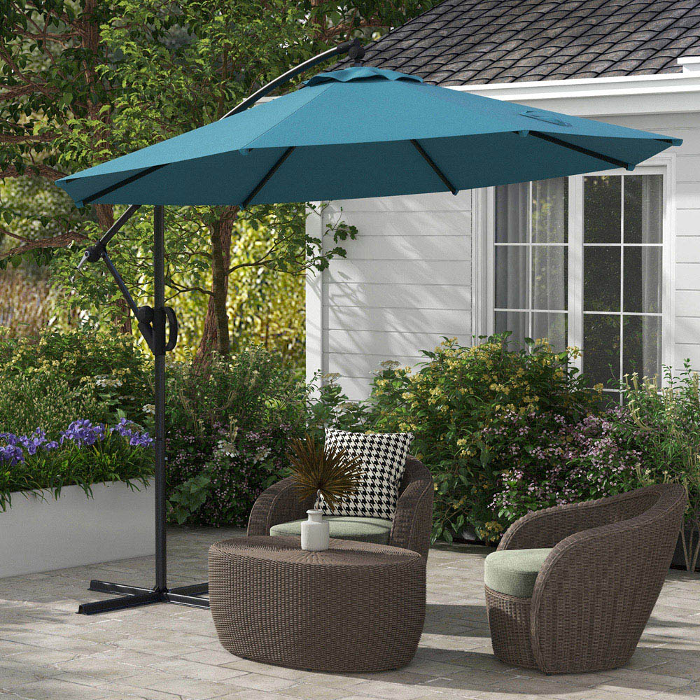Outsunny Blue Crank and Tilt Cantilever Banana Parasol with Cross Base 3m Image 2