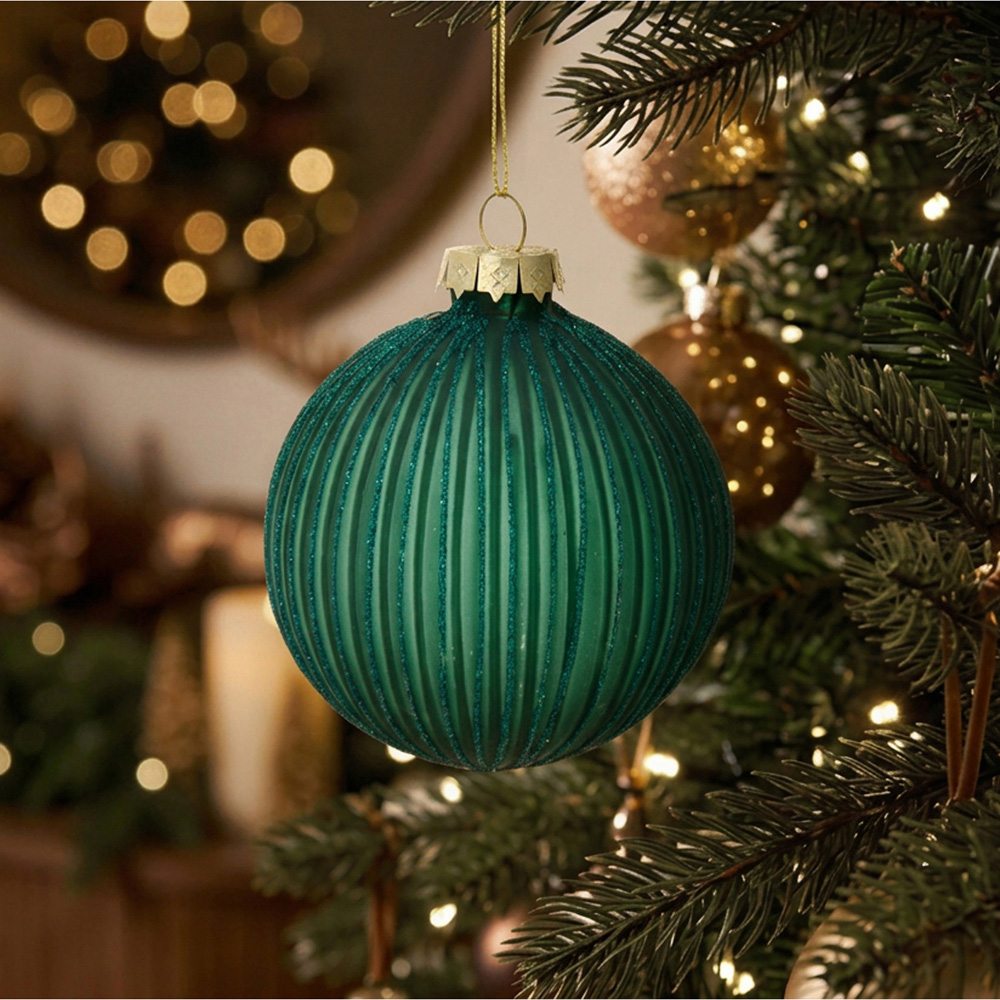 Emerald Green Glittered Ridged Bauble - Green Image 5