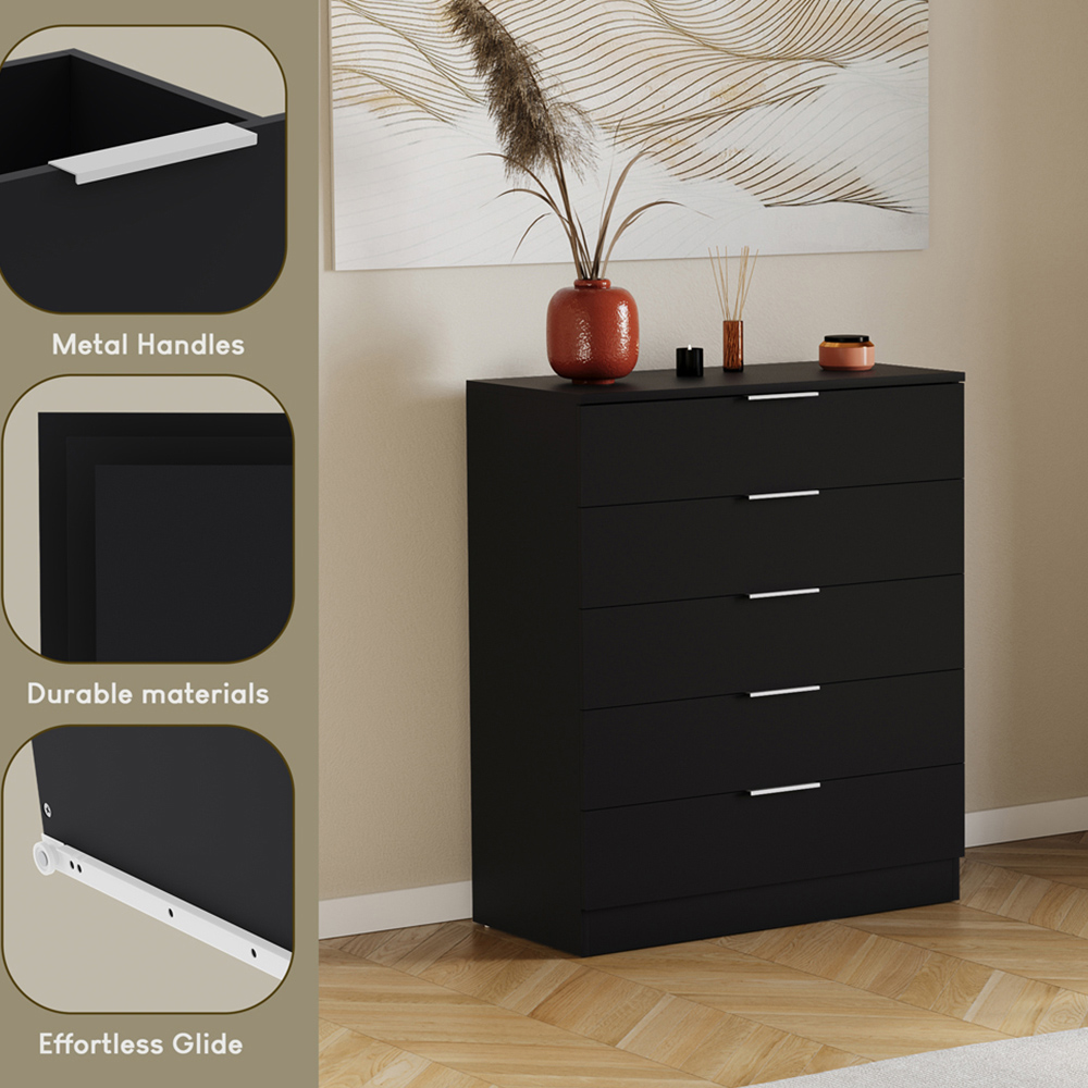 VIDA DESIGNS Trega 5 Drawer Black Bedside Cabinet Image 8