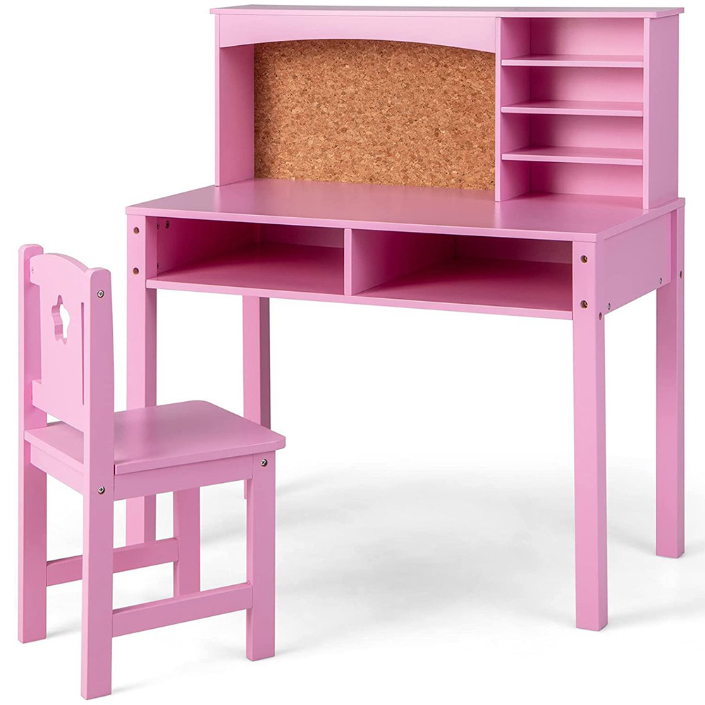Costway Kids Pink Table and Chair Set with Hutch Image 2