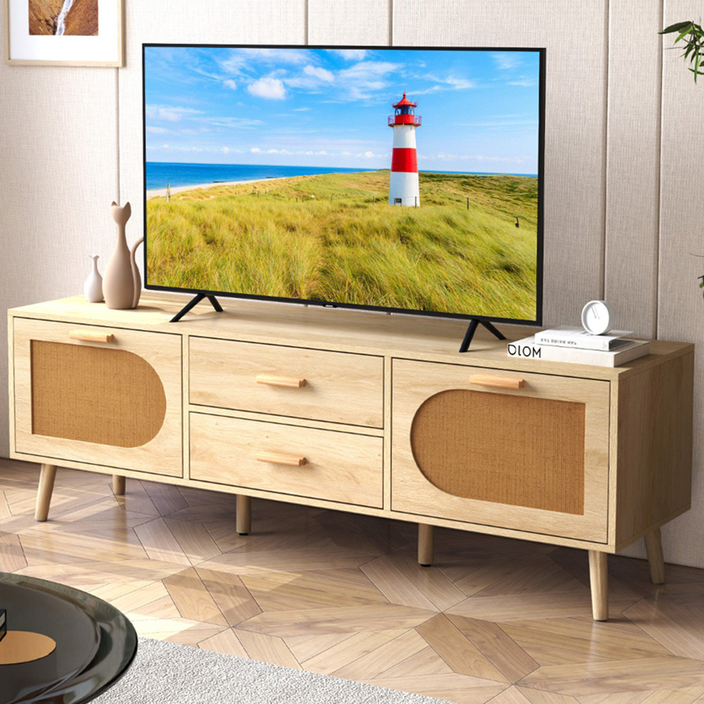 Costway Natural Rattan TV Stand with Solid Wood Legs Image 1