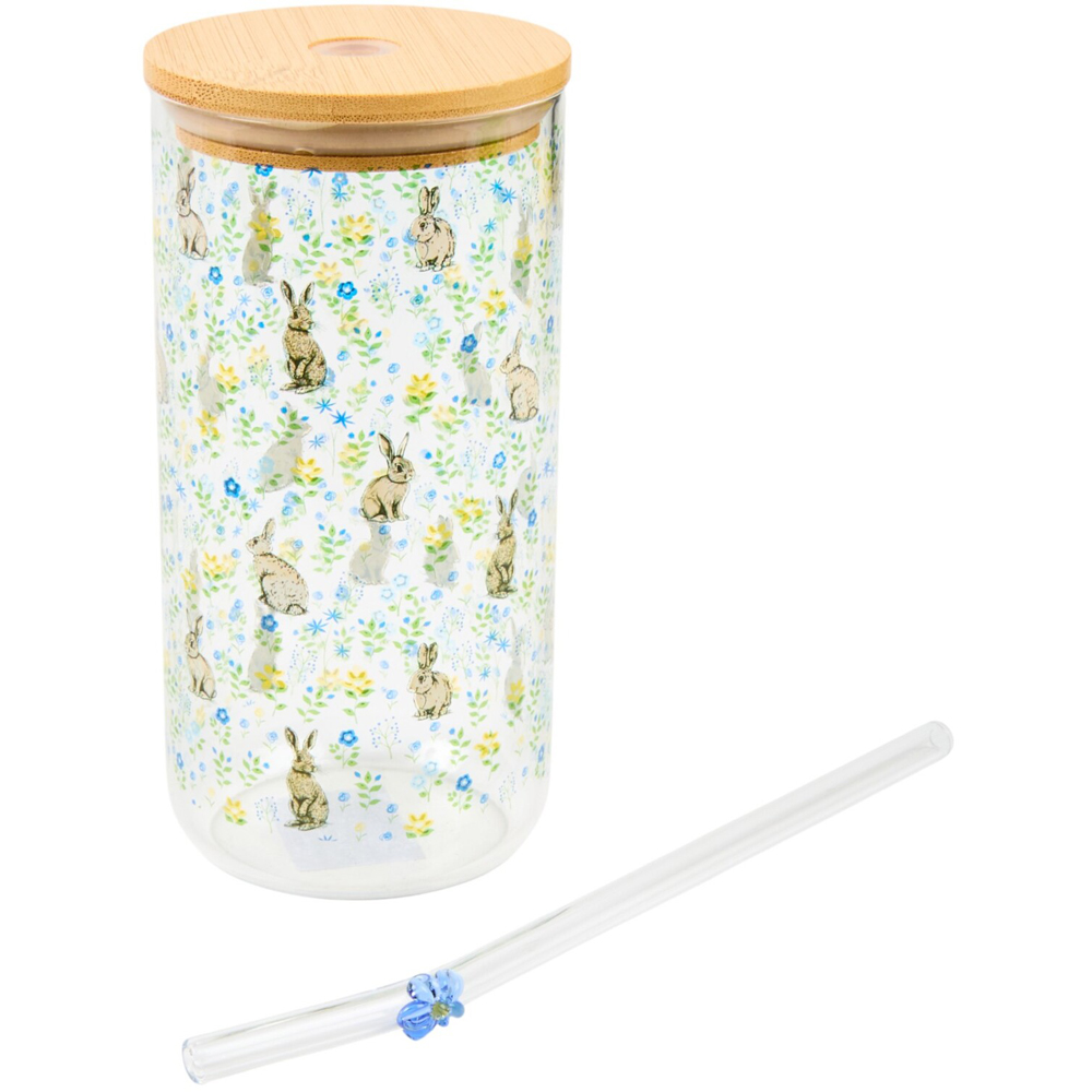 Floral Bunny Drinking Jar with Lid and Straw Clear Image 2