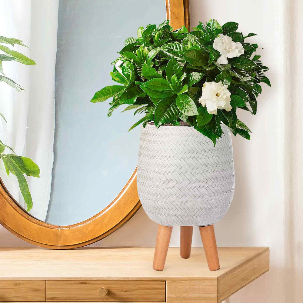 wilko Plaited Style White Round Indoor Planter with Legs 34cm Image 2