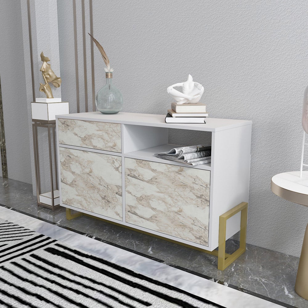 Decorotika Utopie 3 Door Singe Shelf White and White Marble Effect Modern Storage Cabinet Image 8