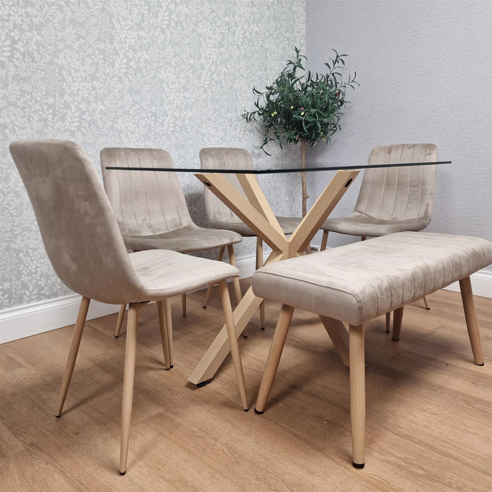 Kosy Koala 6 Seater Tempered Glass Velvet Dining Bench Set Beige Image 6
