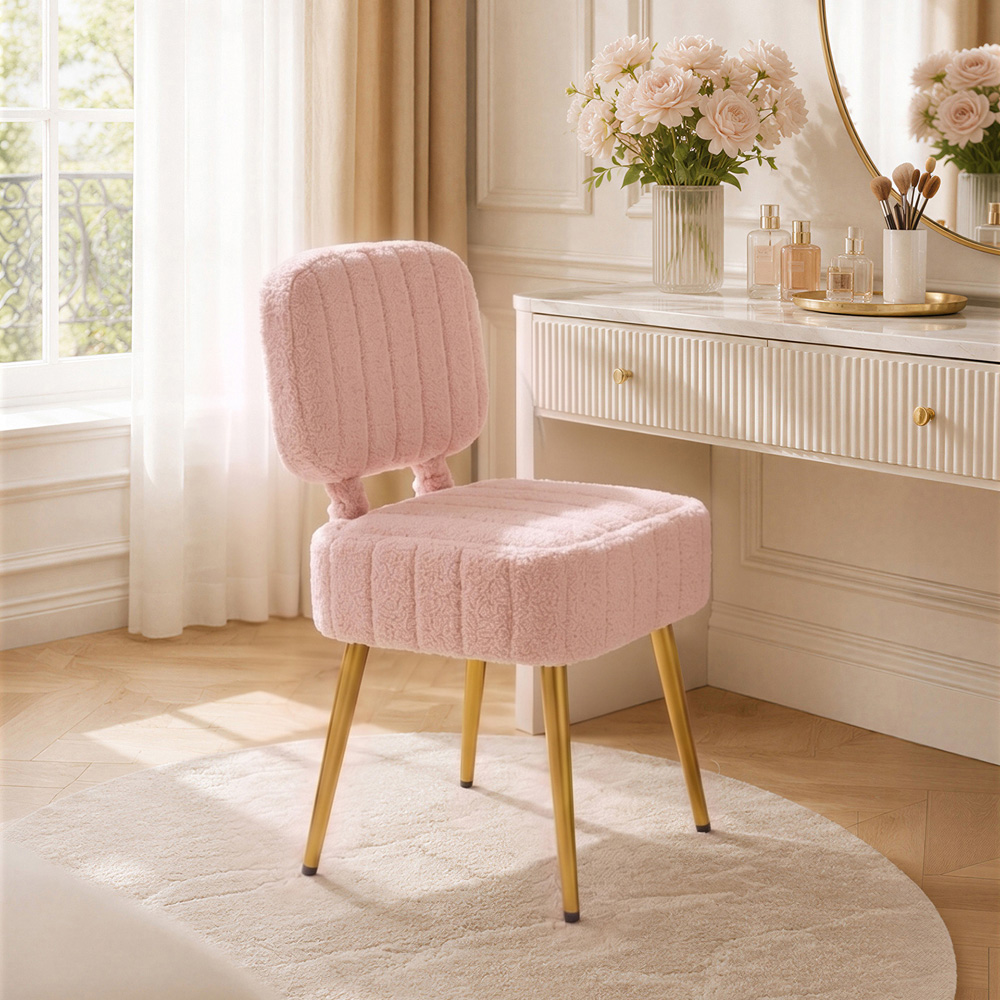 Living and Home Pink Teddy Fleece Foldable Backrest Vanity Chair with Hidden Storage Image 8