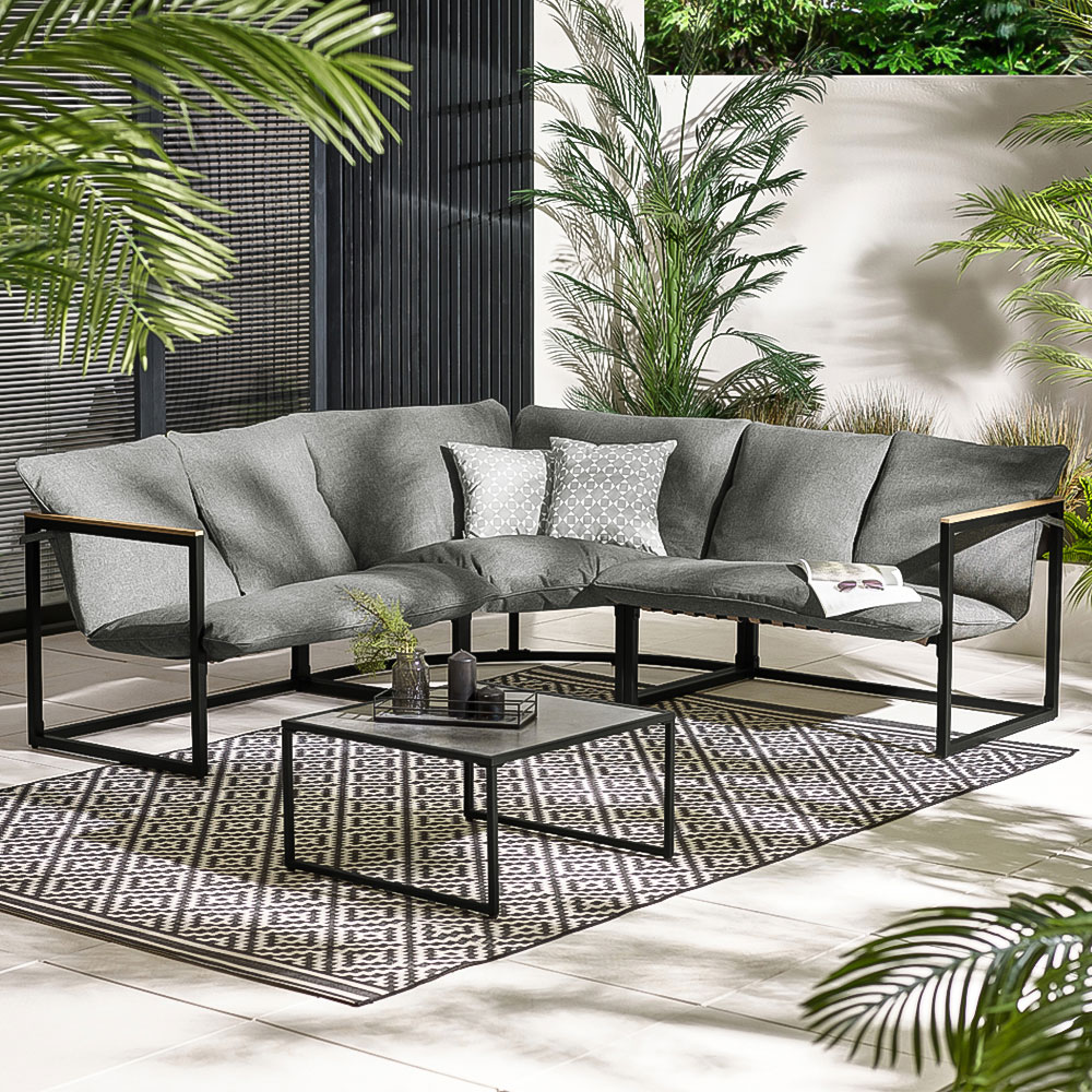 Furniturebox Piasa 6 Seater Black and Grey Outdoor Corner Sofa Set Image 1